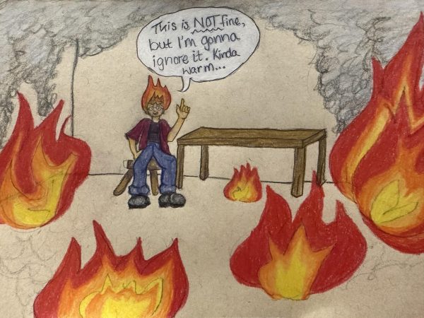 Person sits in the middle of a burning room