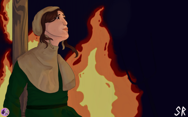 A woman burning at the stake dressed in formal clothes. 