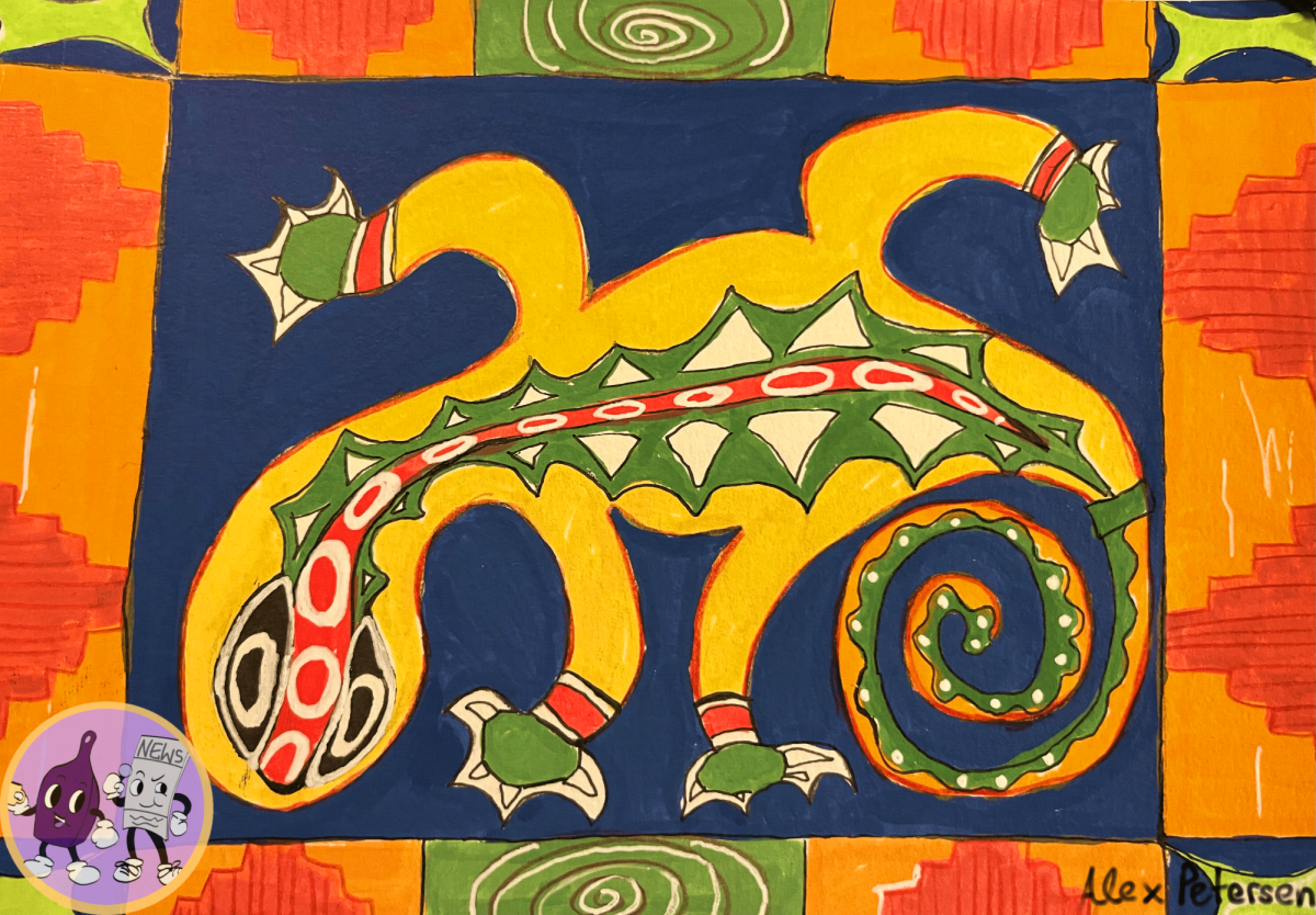 A painting of a lizard in a Peruvian art style.