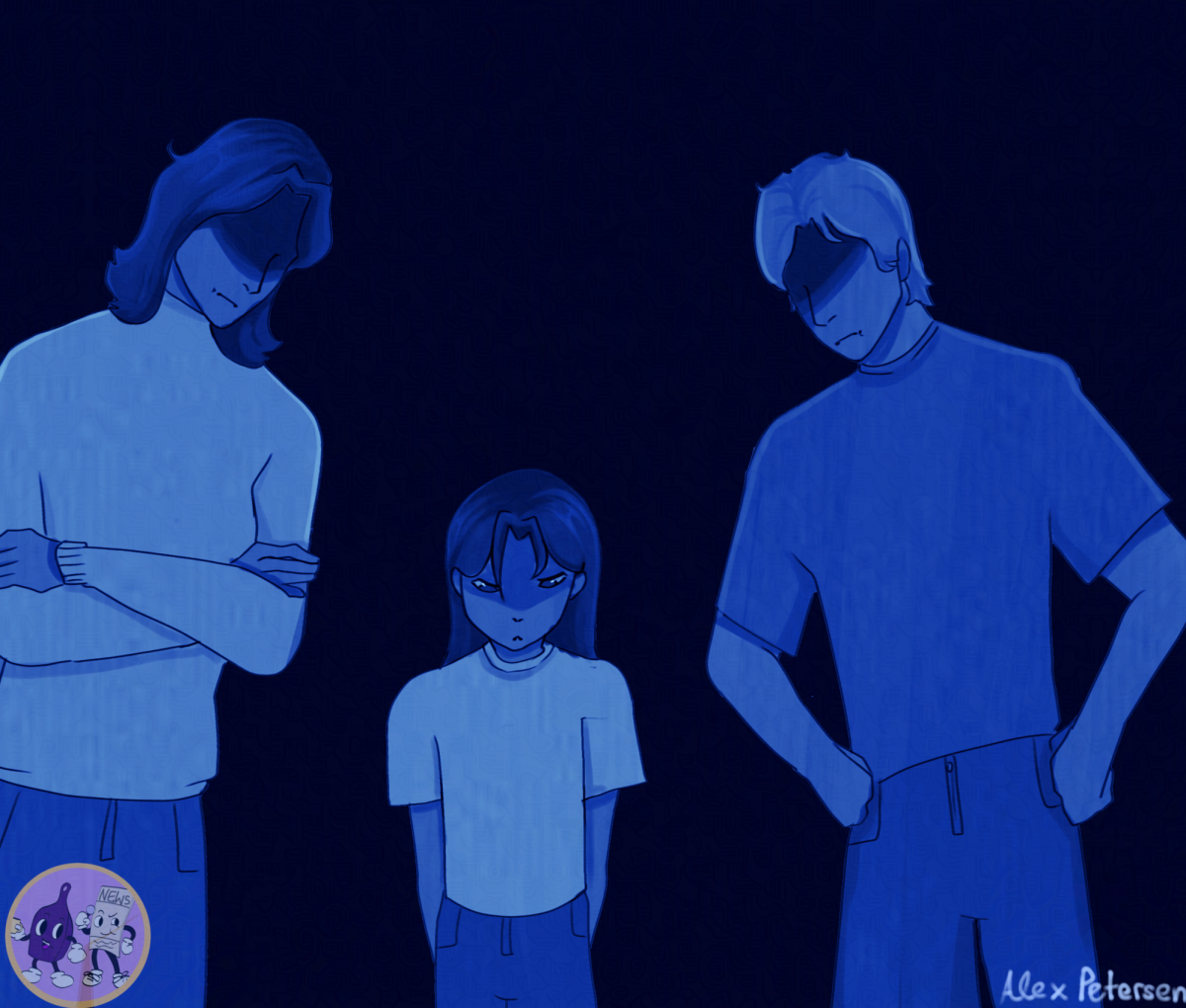 Parents leering down at their child in-between the two of them. 