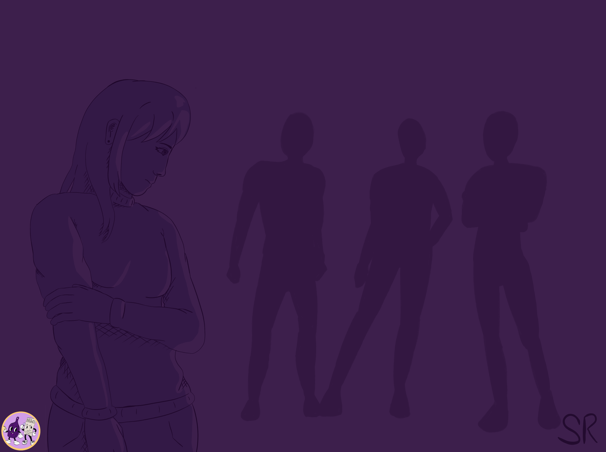 A girl stands off to the side feeling ostracized from her fellow peers. 