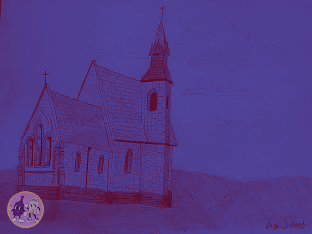 Picture of a church in a violet and blue light.