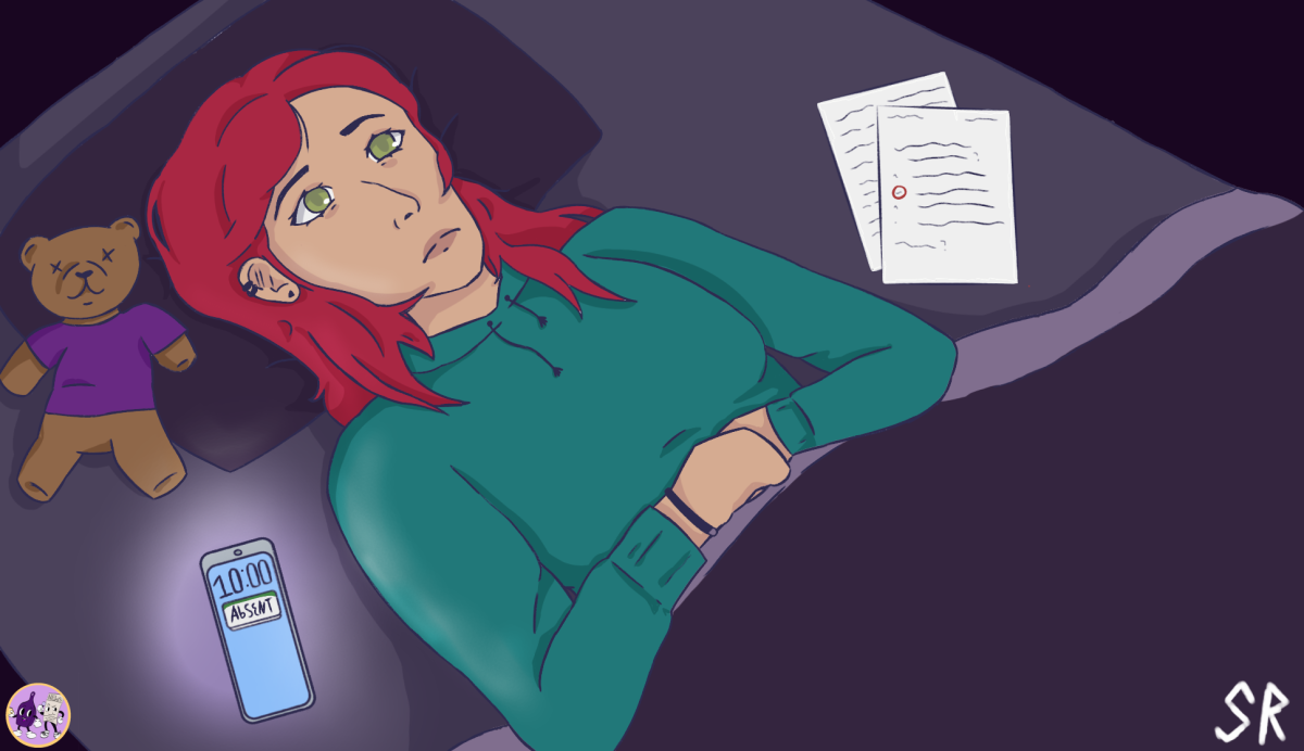A student laying in bed, worrying about the ramifications of their absence