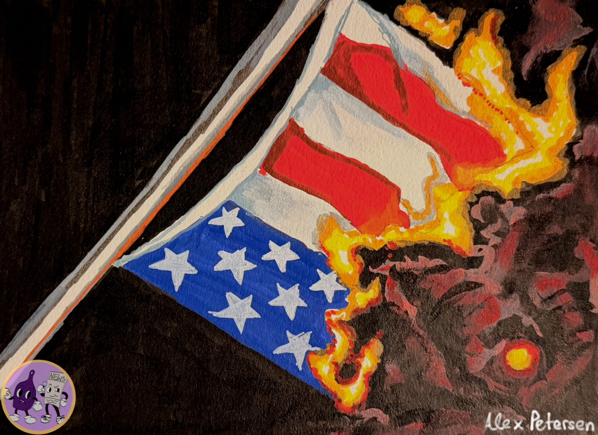 A depiction of a burning American flag.