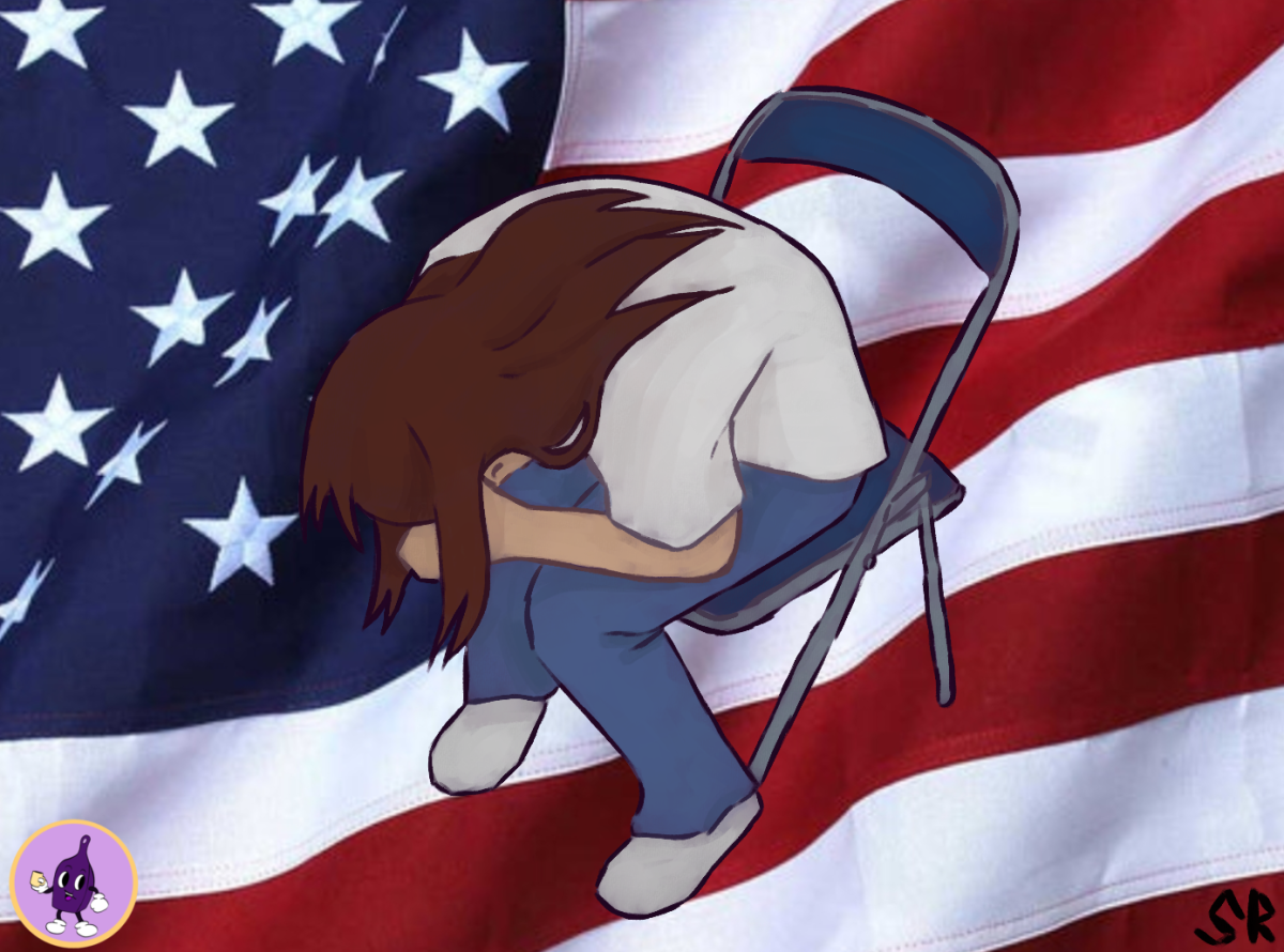 An upset student in front of the American flag