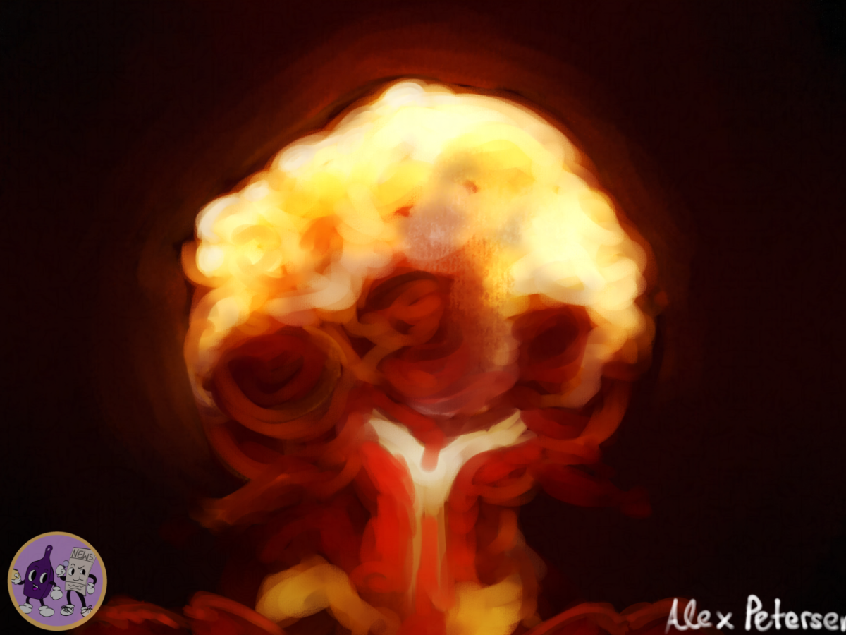 A mushroom cloud blowing upward, indicating that a nuclear bomb recently went off. 