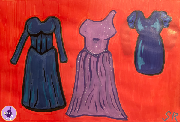 Three colorful prom dresses in front of a red background